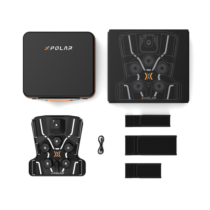 A front-facing display of all items included with the Liipoo Xpolar knee and leg massager, featuring the massager, portable storage case, Type-C charging cable, adjustable straps, and the outer packaging box.